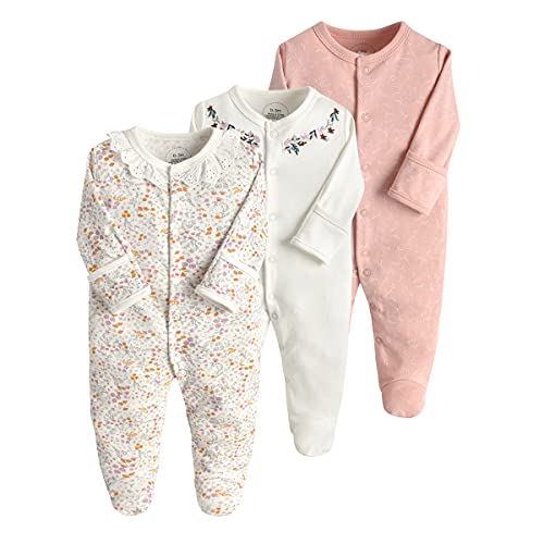 amropi Baby Mädchen Schlafstrampler 3er Pack Jungen Pyjamas Baumwolle Overalls Strampler 3-6 Monate,Weiß Rosa Blume von amropi