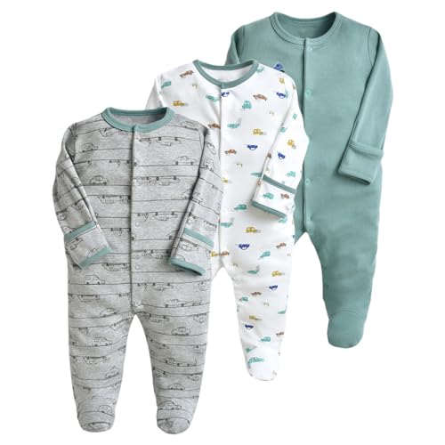amropi Baby Mädchen Jumpsuit 3er Pack Baumwolle Overalls Langarm Strampler für Jungen Neugborenen 6-9 Monate,Grün Weiß Grau von amropi