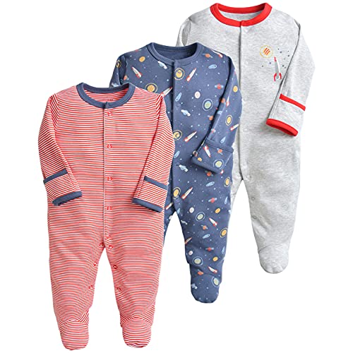 amropi Baby Mädchen Schlafstrampler 3er Pack Jungen Pyjamas Baumwolle Overalls Strampler 6-9 Monate,Marine Rot Streifen von amropi