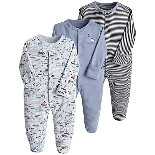 amropi Baby Mädchen Schlafstrampler 3er Pack Jungen Pyjamas Baumwolle Overalls Strampler 9-12 Monate,Blau Grau Streifen von amropi