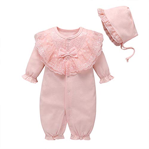 amropi Baby Mädchen Spitzenkragen Strampler Langarm Baumwolle babykleidung + Hut 0-3 Monate,Rosa von amropi