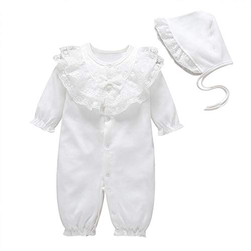 amropi Baby Mädchen Spitzenkragen Strampler Langarm Baumwolle babykleidung + Hut 6-9 Monate,Weiß von amropi