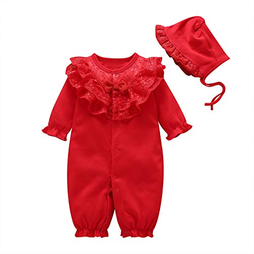 amropi Baby Mädchen Spitzenkragen Strampler Langarm Baumwolle Babykleidung + Hut 9-12 Monate,Rot von amropi