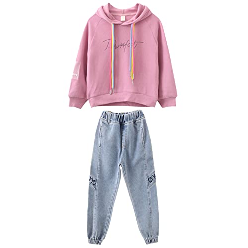 amropi Bekleidungsset für Mädchen, Kapuzen-Sweatshirt und gestreifte Joggingjeans, Hosen, Outfits für 3–15 Jahre, rose, 7-8 Jahre von amropi