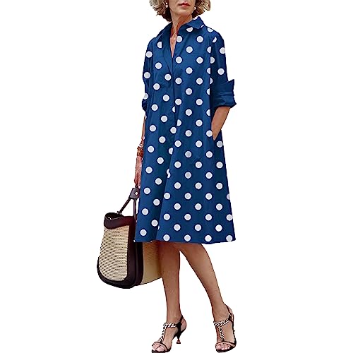 amropi Blusenkleid Damen Gepunktet Knöpfen V-Ausschnitt Langarm Midi Freizeitkleid mit Taschen Blau Gepunktet,L von amropi