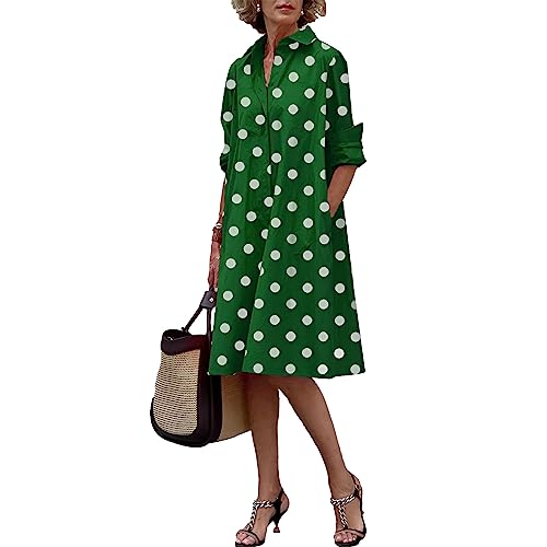 amropi Blusenkleid Damen Gepunktet Knöpfen V-Ausschnitt Langarm Midi Freizeitkleid mit Taschen Grün Gepunktet,XL von amropi