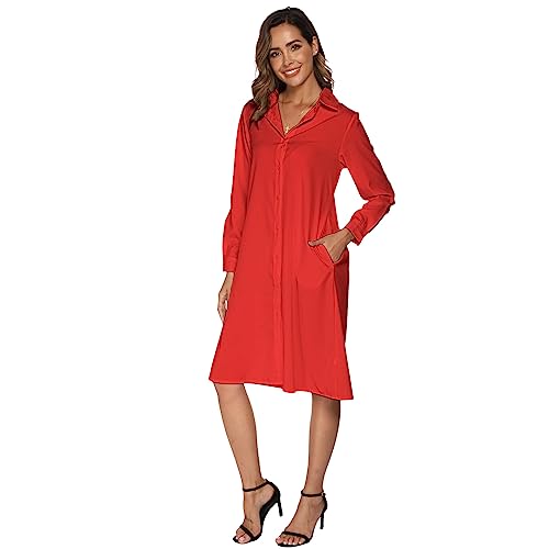 amropi Blusenkleid Damen Gepunktet Knöpfen V-Ausschnitt Langarm Midi Freizeitkleid mit Taschen Rot,M von amropi