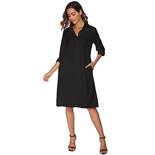amropi Blusenkleid Damen Gepunktet Knöpfen V-Ausschnitt Langarm Midi Freizeitkleid mit Taschen Schwarz,XL von amropi