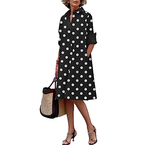 amropi Blusenkleid Damen Gepunktet Knöpfen V-Ausschnitt Langarm Midi Freizeitkleid mit Taschen Schwarz Gepunktet,XL von amropi