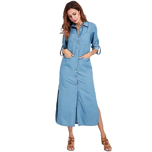 amropi Blusenkleid Damen Knöpfen Langarm Seitenschlitz Freizeitkleider Jeanskleid Maxikleid Blau,3XL von amropi