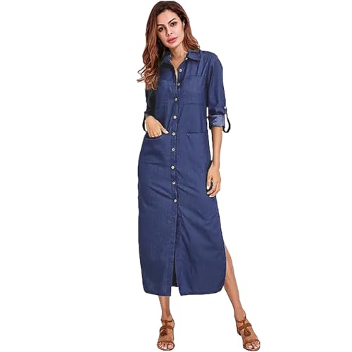 amropi Blusenkleid Damen Knöpfen Langarm Seitenschlitz Freizeitkleider Jeanskleid Maxikleid Marine,3XL von amropi