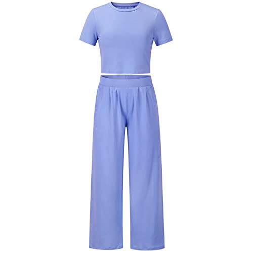 amropi Damen 2 Stück Crop Top und Weites Bein Lange Hosen Set Sommer Trainingsanzug Blau,L von amropi