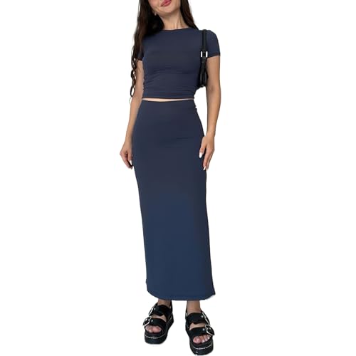 amropi Damen 2-teiliges Outfit Crop T-Shirt Top und Seitenschlitz Bodycon Langer Rock Set Dunkelblau,S von amropi