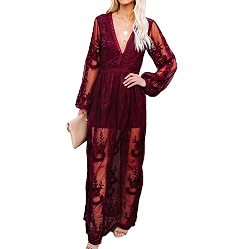 amropi Damen Abendkleid Spitze Festliche Kleider Maxi V Ausschnitt Hochzeit Cocktailkleid Burgund-0,M von amropi