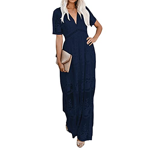 amropi Damen Abendkleid Spitze Festliche Kleider Maxi V Ausschnitt Hochzeit Cocktailkleid Marine,M von amropi