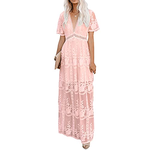 amropi Damen Abendkleid Spitze Festliche Kleider Maxi V Ausschnitt Hochzeit Cocktailkleid Rosa,XL von amropi