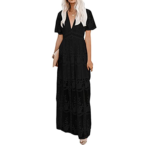 amropi Damen Abendkleid Spitze Festliche Kleider Maxi V Ausschnitt Hochzeit Cocktailkleid Schwarz,S von amropi