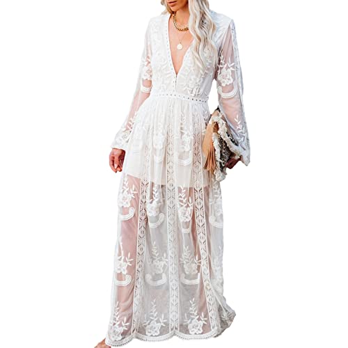 amropi Damen Abendkleid Spitze Festliche Kleider Maxi V Ausschnitt Hochzeit Cocktailkleid Weiß-0,XXL von amropi