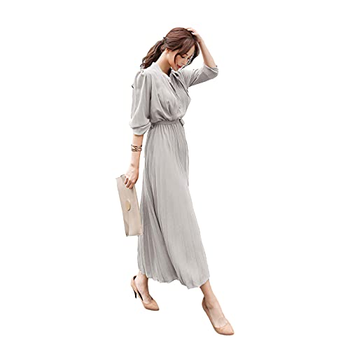 amropi Damen Falten Lang Kleider Knopf Langarm V-Ausschnitt Lose Maxikleid mit Gürtel Grau,XL von amropi