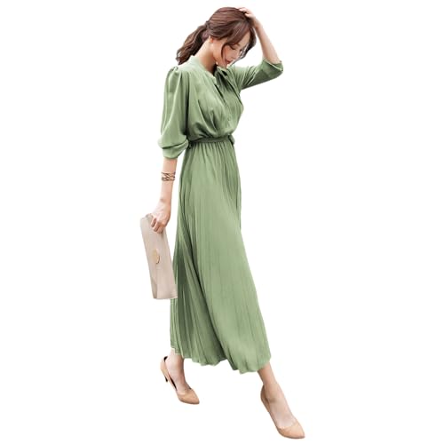 amropi Damen Falten Lang Kleider Knopf Langarm V-Ausschnitt Lose Maxikleid mit Gürtel Grün,XL von amropi