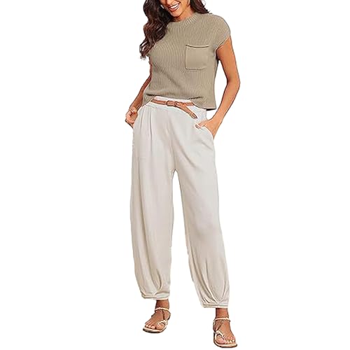 amropi Damen Hausanzug Freizeitanzug Kurzarm Strickpullover mit Jogging Hose Lounge Set Freizeit Outfit Khaki Weiß, M von amropi