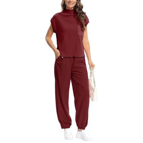 amropi Damen Hausanzug Freizeitanzug Kurzarm Strickpullover mit Jogging Hose Lounge Set Freizeit Outfit Weinrot, M von amropi