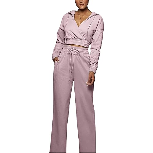 amropi Damen Hoodie Trainingsanzug Set V-Ausschnitt Crop Top und Hose mit Weitem Bein Jogginganzug Lila, M von amropi