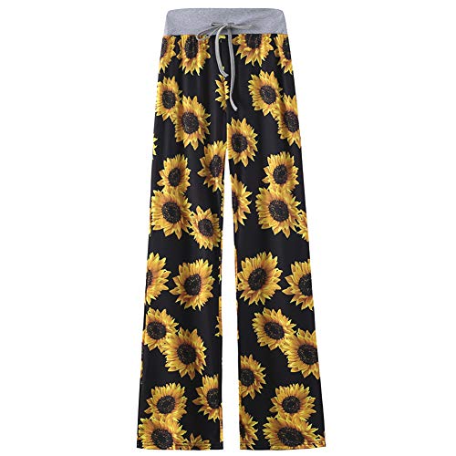 amropi Damen Hose Mit Taschen Breites Bein Leopard Kordelzug Lose Gerade Lounge Laufen Hose Gelb Blume,5XL von amropi