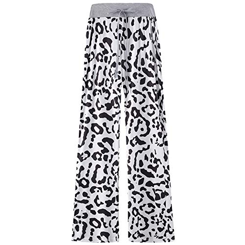 amropi Damen Hose Mit Taschen Breites Bein Leopard Kordelzug Lose Gerade Lounge Laufen Hose Weiß Leopard,L von amropi