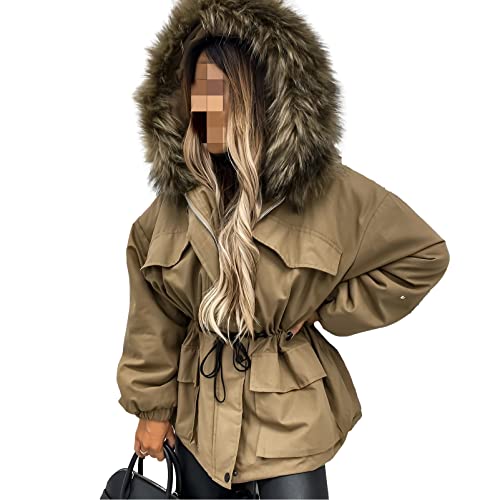 amropi Damen Jacke Winterparka Mantel Kunstfell Winter Warm Gefüttert Parka Braun,XL von amropi