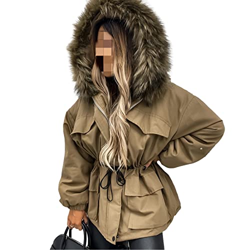 amropi Damen Jacke Winterparka Mantel Kunstfell Winter Warm Gefüttert Parka Braun,XXL von amropi