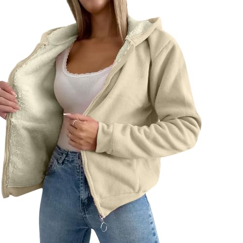 amropi Damen Kapuzenjacke Warm Fleece Gefüttert Sweatshirt Mantel Winter Sweatjacke Beige,M von amropi