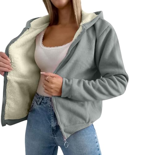 amropi Damen Kapuzenjacke Warm Fleece Gefüttert Sweatshirt Mantel Winter Sweatjacke Lichtgrau,M von amropi