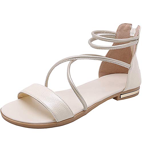 amropi Damen Kreuzband Sommer Offene Zehe Knöchelriemen Flache Sandalen (Beige,36 EU) von amropi