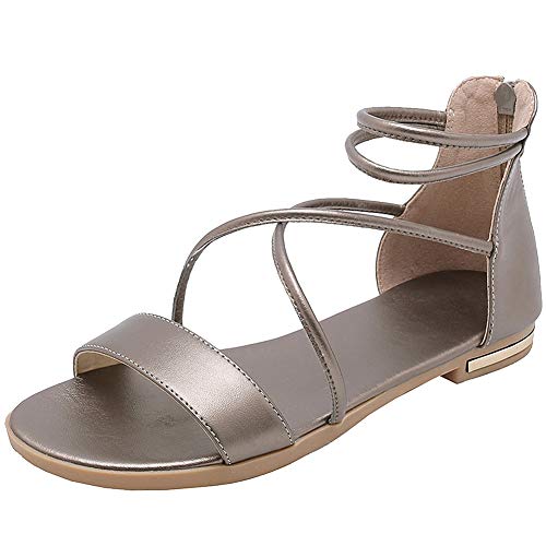 amropi Damen Kreuzband Sommer Offene Zehe Knöchelriemen Flache Sandalen (Champagner,36 EU) von amropi