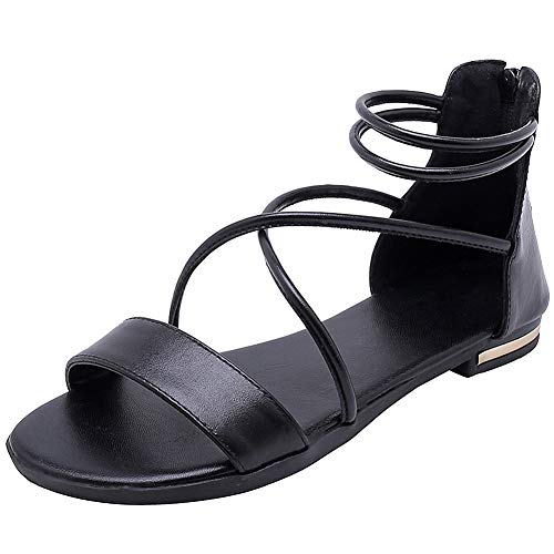 amropi Damen Kreuzband Sommer Offene Zehe Knöchelriemen Flache Sandalen (Schwarz,38.5 EU) von amropi