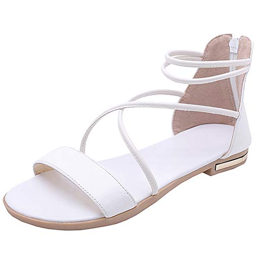 amropi Damen Kreuzband Sommer Offene Zehe Knöchelriemen Flache Sandalen (Weiß,37.5 EU) von amropi