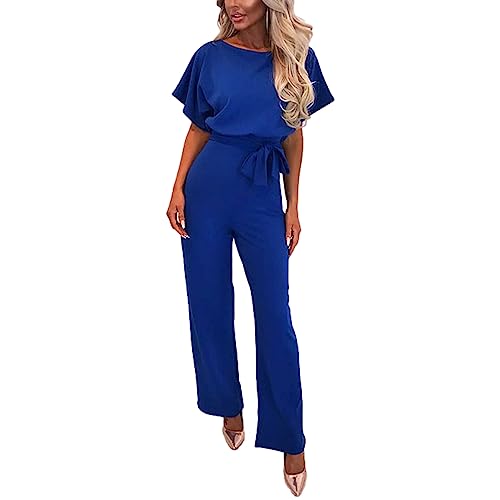 amropi Damen Kurzarm O-Ausschnitt Elegant Lang Jumpsuit Overall Hosenanzug Playsuit Romper Blau,XS von amropi