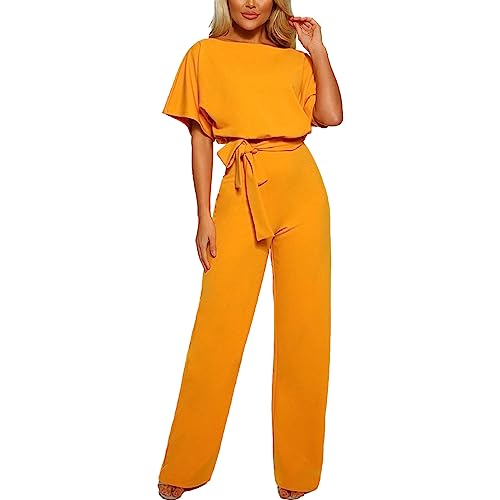 amropi Damen Kurzarm O-Ausschnitt Elegant Lang Jumpsuit Overall Hosenanzug Playsuit Romper Gelb,S von amropi