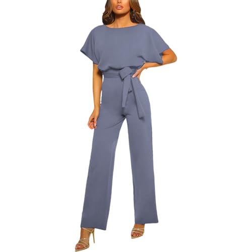 amropi Damen Kurzarm O-Ausschnitt Elegant Lang Jumpsuit Overall Hosenanzug Playsuit Romper Grau,3XL von amropi