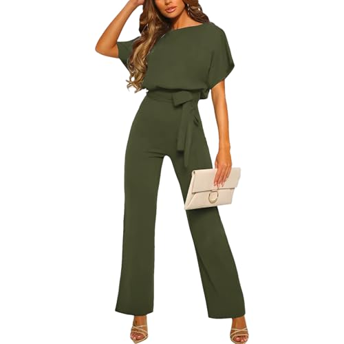 amropi Damen Kurzarm O-Ausschnitt Elegant Lang Jumpsuit Overall Hosenanzug Playsuit Romper Grün,L von amropi