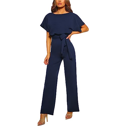 amropi Damen Kurzarm O-Ausschnitt Elegant Lang Jumpsuit Overall Hosenanzug Playsuit Romper Marine,L von amropi