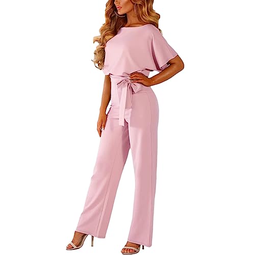 amropi Damen Kurzarm O-Ausschnitt Elegant Lang Jumpsuit Overall Hosenanzug Playsuit Romper Rosa,XL von amropi