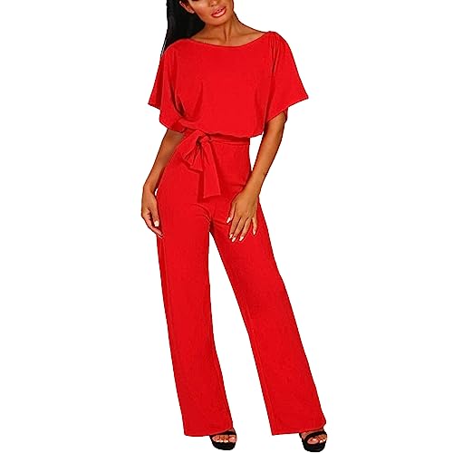 amropi Damen Kurzarm O-Ausschnitt Elegant Lang Jumpsuit Overall Hosenanzug Playsuit Romper Rot,L von amropi