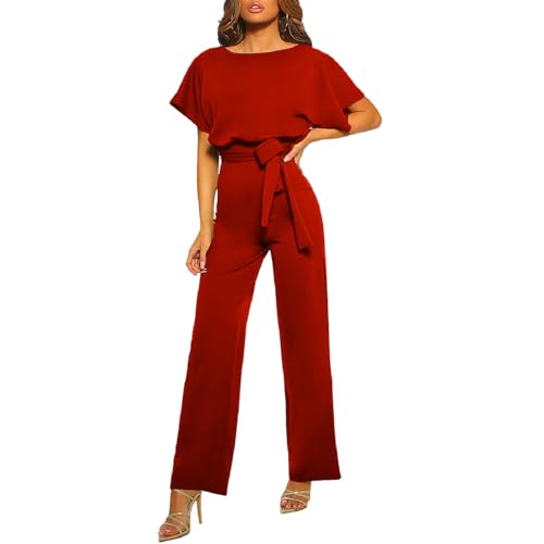 amropi Damen Kurzarm O-Ausschnitt Elegant Lang Jumpsuit Overall Hosenanzug Playsuit Romper Rot,L von amropi