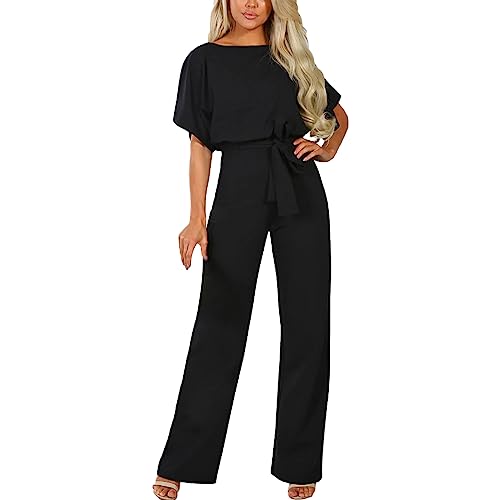 amropi Damen Kurzarm O-Ausschnitt Elegant Lang Jumpsuit Overall Hosenanzug Playsuit Romper Schwarz,M von amropi