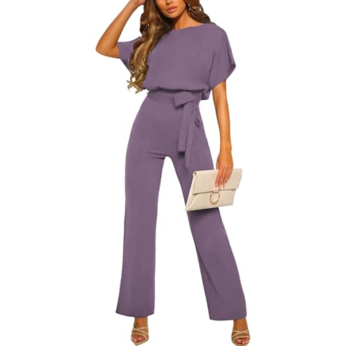 amropi Damen Kurzarm O-Ausschnitt Elegant Lang Jumpsuit Overall Hosenanzug Playsuit Romper Violett,L von amropi