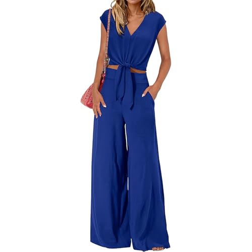 amropi Damen Kurzarm V-Ausschnitt Fliege Crop Top Weite Bein Hosen Loungewear Set Blau,XXL von amropi