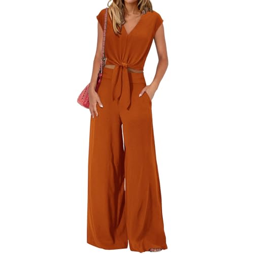 amropi Damen Kurzarm V-Ausschnitt Fliege Crop Top Weite Bein Hosen Loungewear Set Orange,XXL von amropi