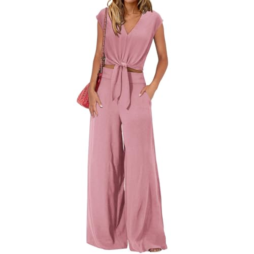amropi Damen Kurzarm V-Ausschnitt Fliege Crop Top Weite Bein Hosen Loungewear Set Rosa,M von amropi
